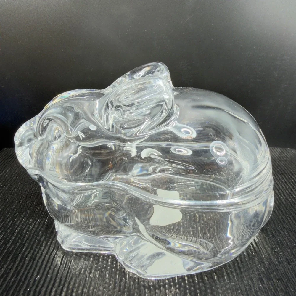 Crate & Barrel Clear Glass Covered Bunny Rabbit Candy Dish‎ Trinket Box NEW